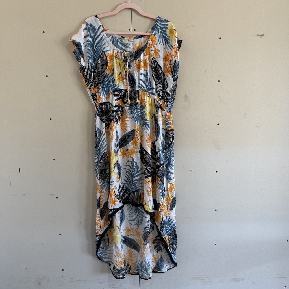 Anmol Tropical Palm Floral High Low Dress 12 Boho Vacation Tassel Wooden Bead